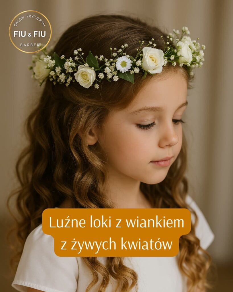 Luźne loki z wiankiem z żywych kwiatów. Uczesanie na komunię. Salon fryzjerski Łódź FIU & FIU